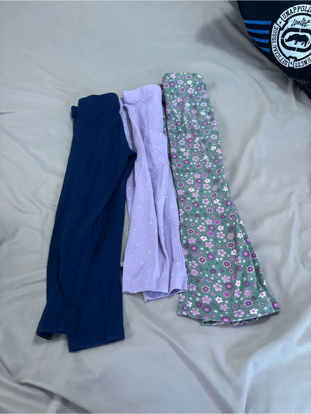 Three Pairs of Girls' Leggings - Navy, Lavender, Floral Green